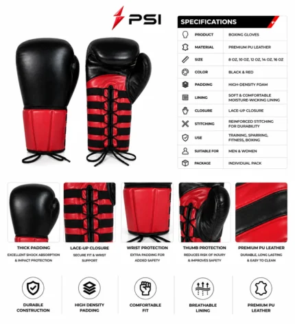 PSI Prosidz Industries Boxing Gloves Wholesale Supplier black and red lace-up boxing gloves front and rear view