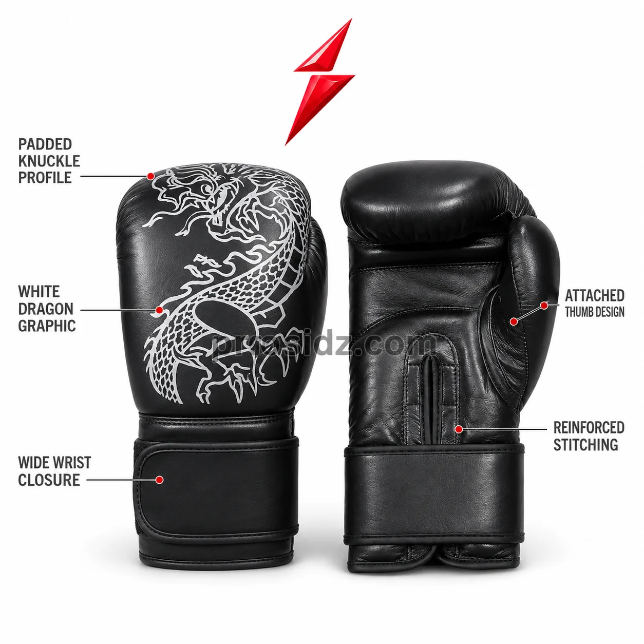 psi-prosidz-industries-dragon-glove-specifications PSI Prosidz Industries Dragon Boxing Gloves specification image with visible construction details
