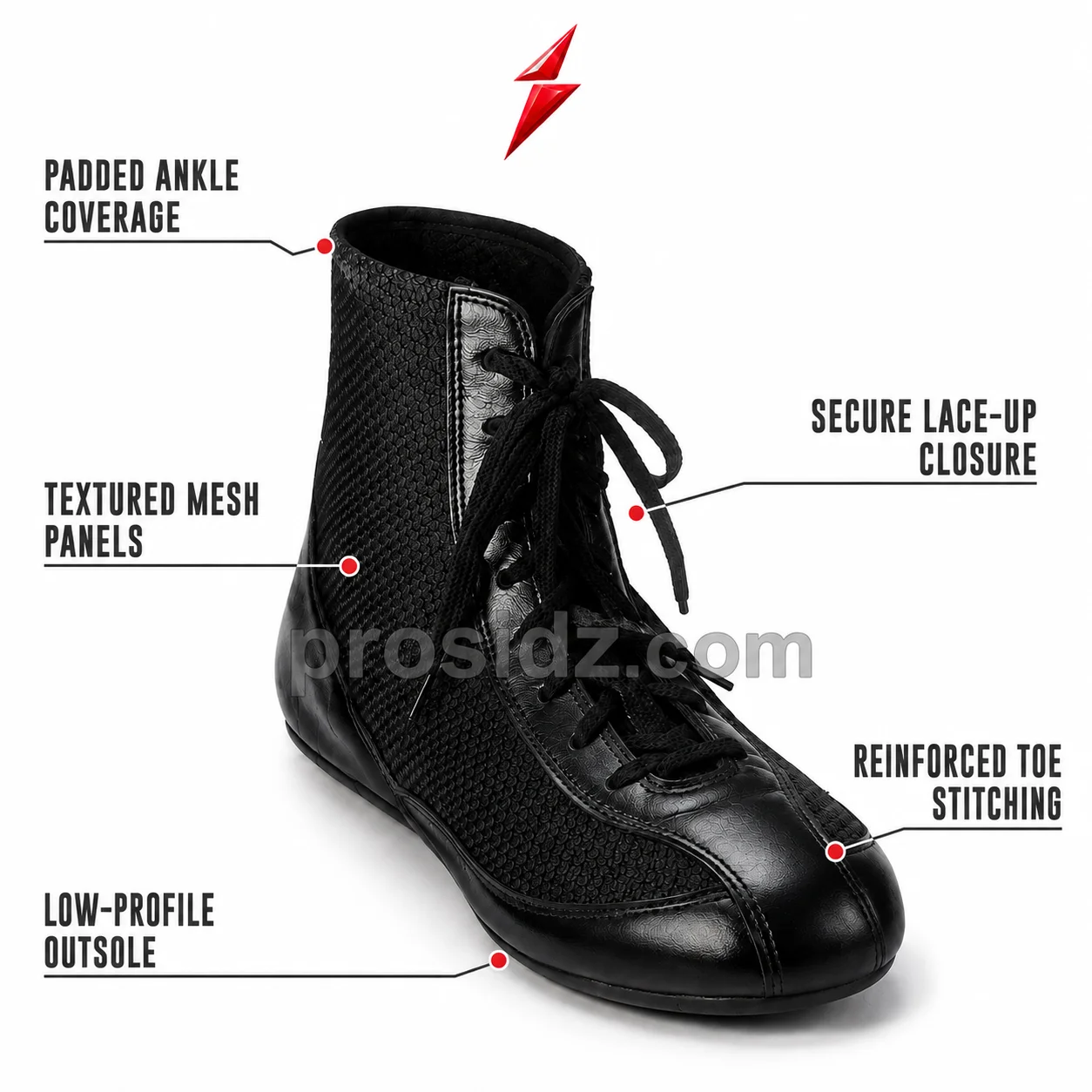 psi-prosidz-industries-private-label-boxing-shoes-laces. PSI Prosidz Industries Private Label Boxing Shoes with a secure black lace-up front