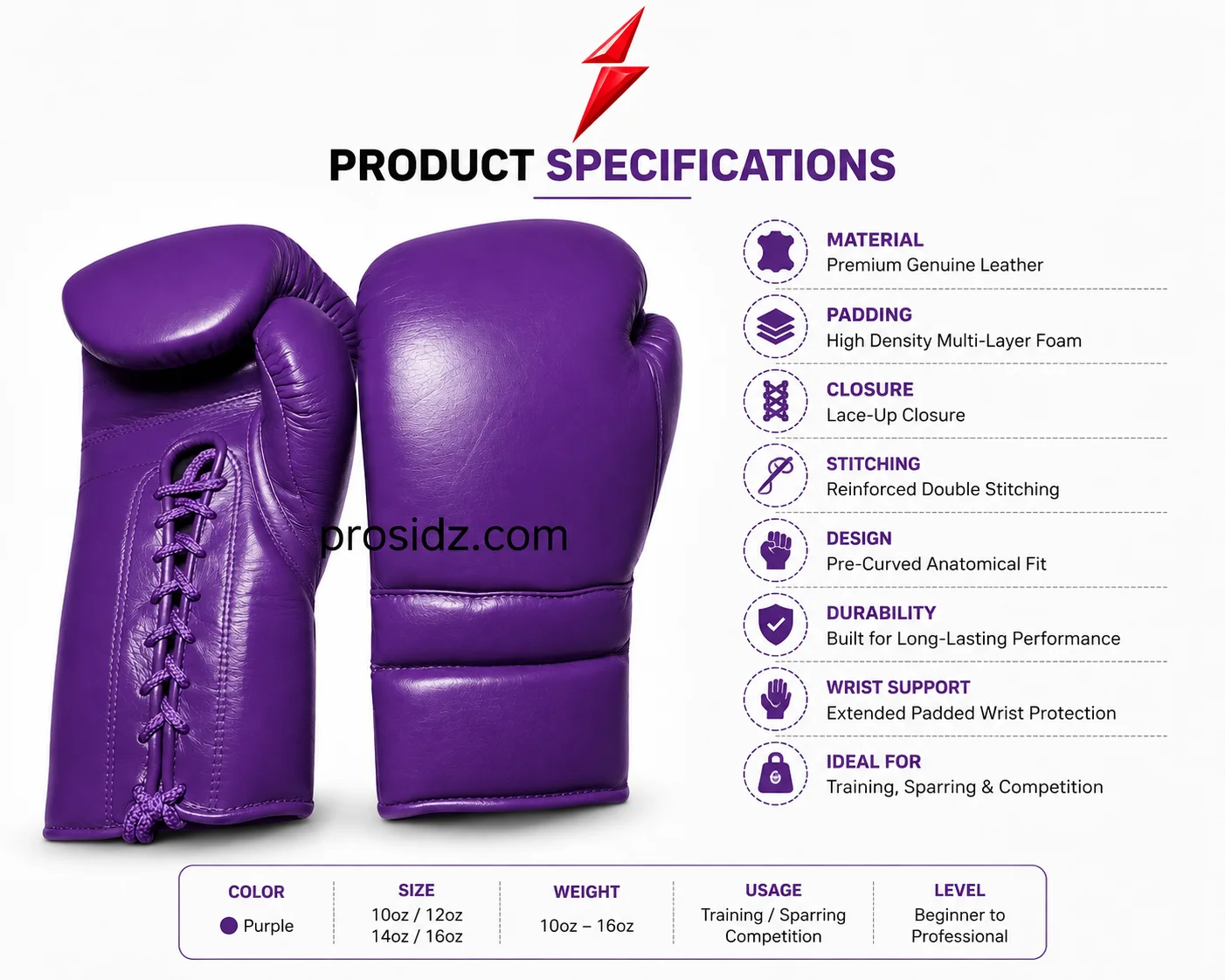 psi-prosidz-industries-purple-lace-up-boxing-gloves-manufacturer-left-side PSI Prosidz Industries purple Lace Up Boxing Gloves Manufacturer padded knuckle view