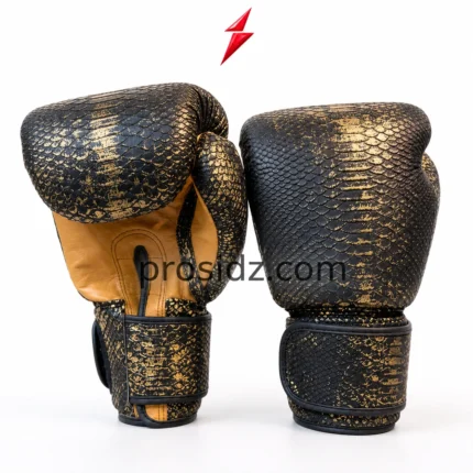 PSI Snake Boxing Gloves in black and metallic gold with embossed scale panels and padded knuckles
