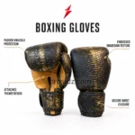 PSI Snake Boxing Gloves close-up showing distressed gold reptile-scale texture over black panels