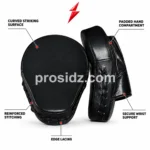 Wholesale Boxing Focus Mitts side view featuring black stitched panels, curved padding, hand support, PSI logo, and Prosidz Industries branding