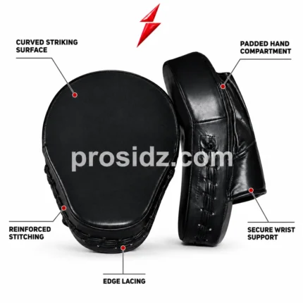 Wholesale Boxing Focus Mitts side view featuring black stitched panels, curved padding, hand support, PSI logo, and Prosidz Industries branding