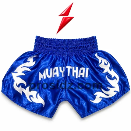 PSI Wholesale Muay Thai Shorts in royal-blue satin with white front lettering and mirrored flame appliqués by Prosidz Industries.