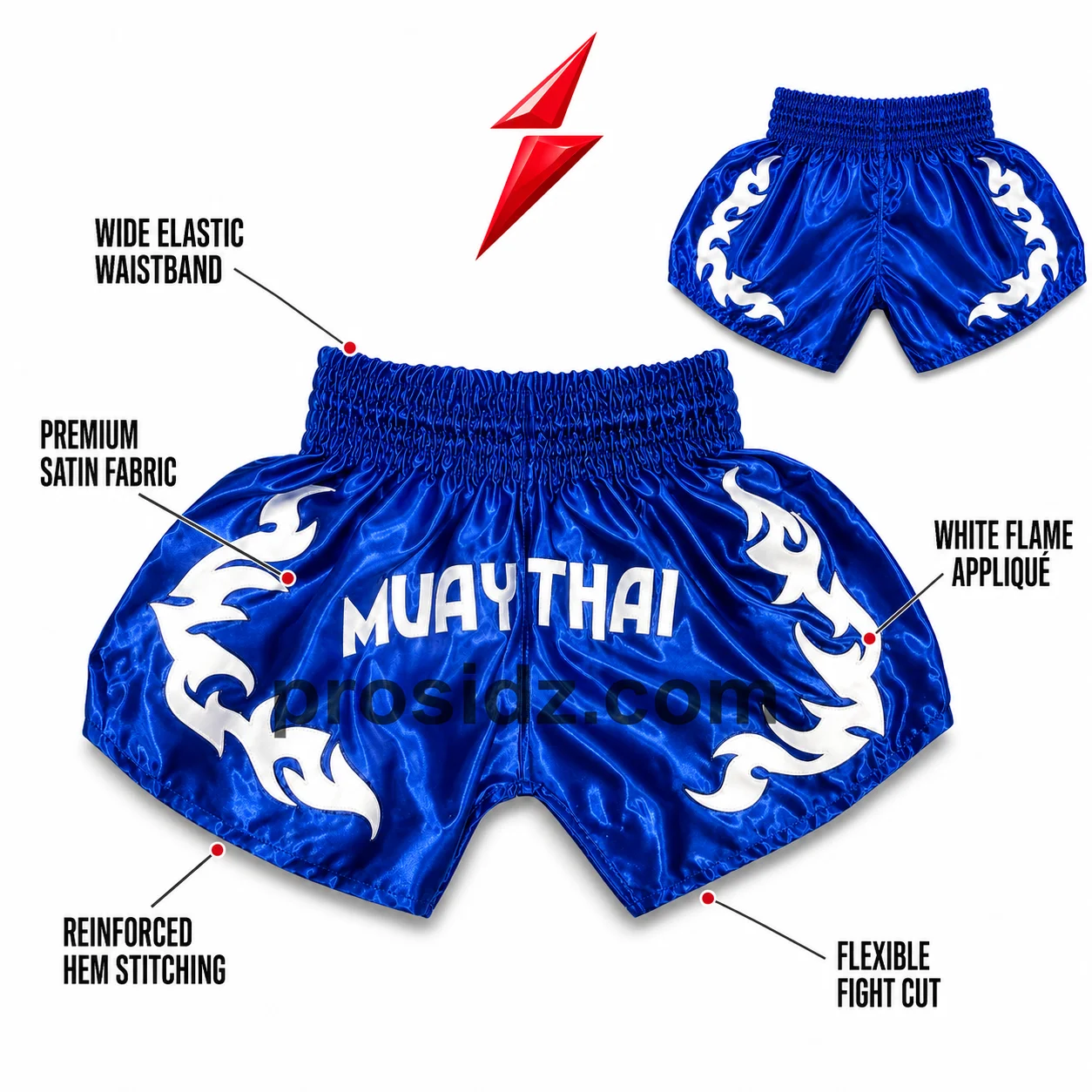 psi-wholesale-muay-thai-shorts-waistband PSI Wholesale Muay Thai Shorts close-up showing the wide gathered blue waistband and center stitching by Prosidz Industries.