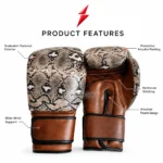 Boxing gear Snakeskin Boxing Gloves brown wrist strap and black piping detail by Prosidz Industries