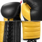 Four-grid Wholesale Boxing Gloves close-ups showing leather texture gold thumb stitching and black laces