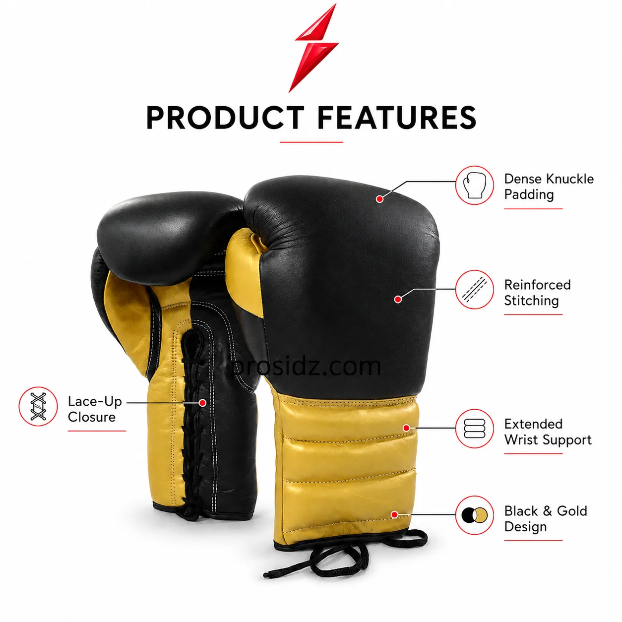 wholesale-boxing-gloves-product-features Wholesale Boxing Gloves feature image showing padding stitching laces and wrist support with PSI branding