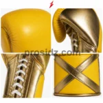 Wholesale Custom Boxing Gloves in yellow and metallic gold with lace-up sides, gold X cuff panels, PSI logo and prosidz industries branding