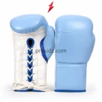 Wholesale Lace Up Boxing Gloves attached-thumb detail with pale-blue panel, royal-blue insert, reinforced stitching, PSI logo and prosidz industries branding