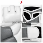 Wholesale MMA Gloves showing grey and white adjustable wrist strap with reinforced stitching