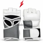 Wholesale MMA Gloves in white and grey with PSI logo and padded fingerless knuckle design