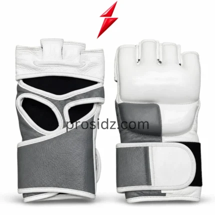 Wholesale MMA Gloves in white and grey with PSI logo and padded fingerless knuckle design
