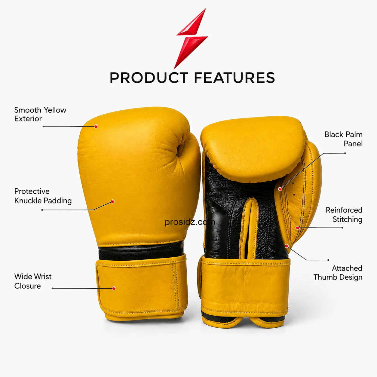 yellow-boxing-gloves-psi-product-features Yellow Boxing Gloves product features with wrist support by PSI Prosidz Industries