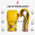 Wholesale Custom Boxing Gloves front view with yellow padded knuckles, metallic-gold X wrist design, PSI logo and prosidz industries branding