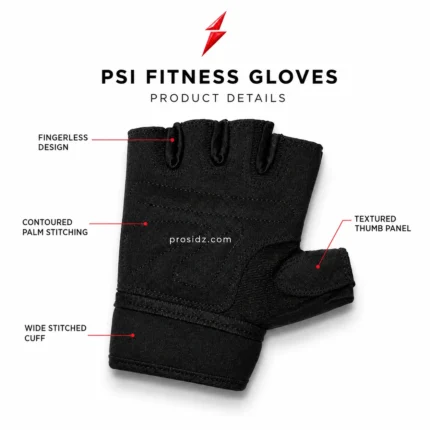 PSI product detail image by prosidz industries for a Best Gym Gloves comparison, labeling finger openings, palm seams, thumb panel, and cuff.