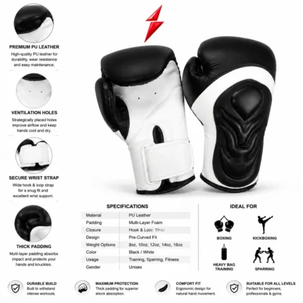 Boxing Gloves For Men and Women showing white wrist strap and stitched cuff design by prosidz industries