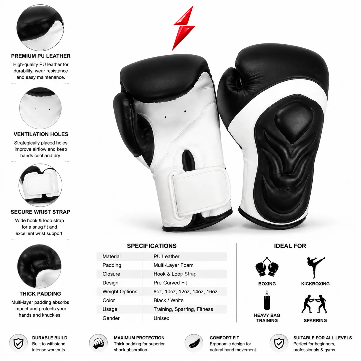 boxing-gloves-men-women-wrist-strap Boxing Gloves For Men and Women showing white wrist strap and stitched cuff design by prosidz industries