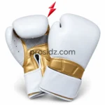 Boxing Gloves Sialkot wide white wrist closure with gold detailing