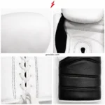 Four closeup views of Bulk Boxing Gloves showing white surface texture, palm stitching, white laces, and black cuff panels with PSI and prosidz industries branding.