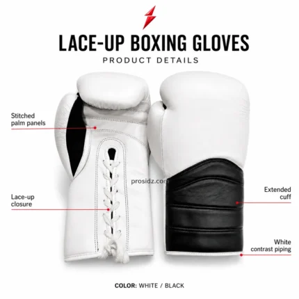 White and black Bulk Boxing Gloves specification image with PSI branding and callouts highlighting laces, palm stitching, extended cuffs, and white piping for prosidz industries.