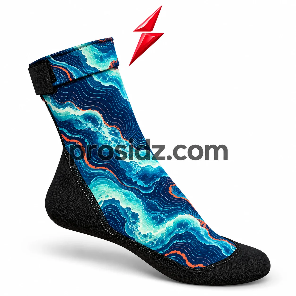custom-sand-socks-front-view-psi-prosidz-industries Custom sand socks close-up with printed ankle strap, black hook-and-loop closure and Prosidz Industries PSI logo
