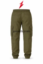 Men's Cargo Jogger Pants Wholesale olive green back view with rear pockets, thigh cargo pockets, elastic cuffs and PSI Prosidz Industries branding