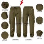 Men's Cargo Jogger Pants Wholesale olive cargo pocket close-up with flap, box-cross stitching and PSI Prosidz Industries product branding