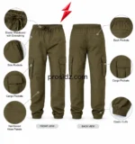 Men's Cargo Jogger Pants Wholesale olive cargo pocket close-up with flap, box-cross stitching and PSI Prosidz Industries product branding