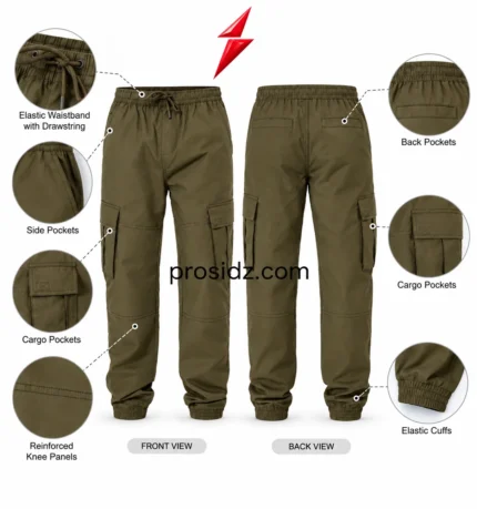 Men's Cargo Jogger Pants Wholesale olive cargo pocket close-up with flap, box-cross stitching and PSI Prosidz Industries product branding