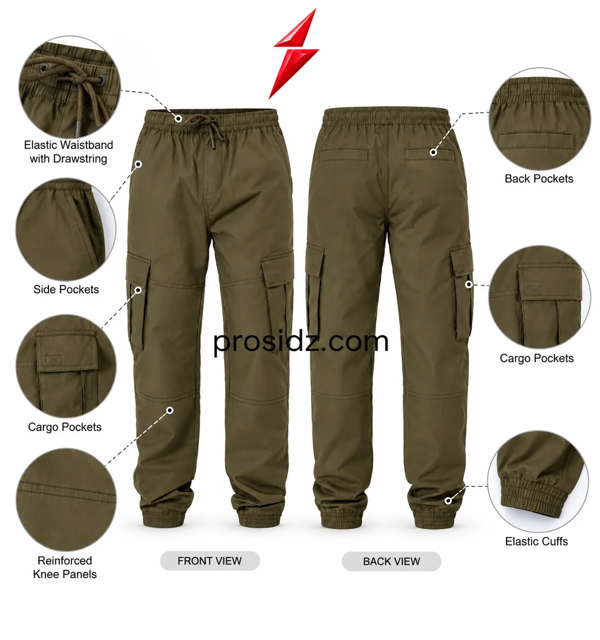 mens-cargo-jogger-pants-wholesale-cargo-pocket-psi-prosidz-industries Men's Cargo Jogger Pants Wholesale olive cargo pocket close-up with flap, box-cross stitching and PSI Prosidz Industries product branding