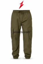 Men's Cargo Jogger Pants Wholesale olive green front view with elastic drawstring waist, cargo pockets, knee seams and PSI Prosidz Industries branding