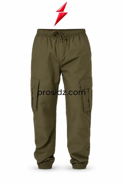 Men's Cargo Jogger Pants Wholesale olive green front view with elastic drawstring waist, cargo pockets, knee seams and PSI Prosidz Industries branding