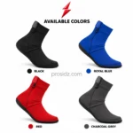 Neoprene beach socks with navy aqua wave print, black reinforced toe and PSI Prosidz Industries branding