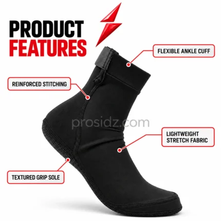 Neoprene beach socks showing black textured heel, reinforced stitching and PSI Prosidz Industries branding