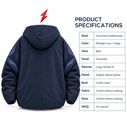 Back view of the PSI Prosidz Industries Oversized Hooded Jacket with a large navy hood, center seam, and indigo sleeve panels.