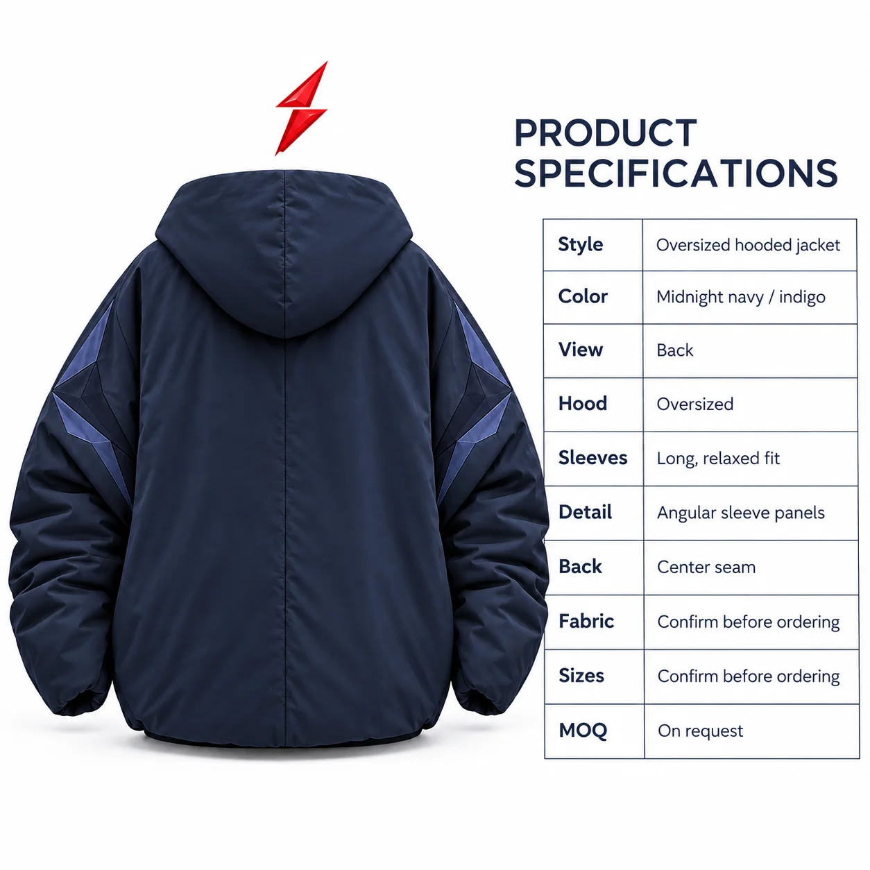 oversized-hooded-jacket-back-psi-prosidz-industries Back view of the PSI Prosidz Industries Oversized Hooded Jacket with a large navy hood, center seam, and indigo sleeve panels.
