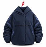 PSI Prosidz Industries Oversized Hooded Jacket in midnight navy with indigo angular sleeve panels and a snap front closure.