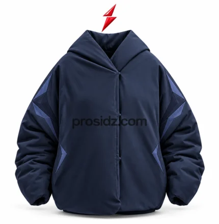 PSI Prosidz Industries Oversized Hooded Jacket in midnight navy with indigo angular sleeve panels and a snap front closure.