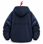 PSI Prosidz Industries Oversized Hooded Jacket with open snap fasteners showing the navy interior and front facing.