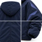 Four close views of the PSI Prosidz Industries Oversized Hooded Jacket showing hood stitching, indigo panels, navy fabric, and gathered cuffs.