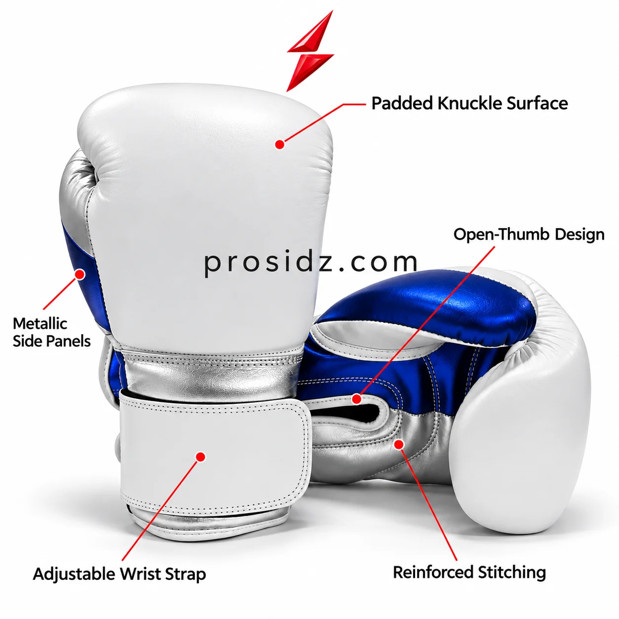 prosidz-industries-boxing-gloves-open-thumb Prosidz Industries Boxing Gloves showing the metallic blue open-thumb design and white piping