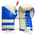 12 oz lace up boxing gloves in royal blue and cream with white laces and PSI branding