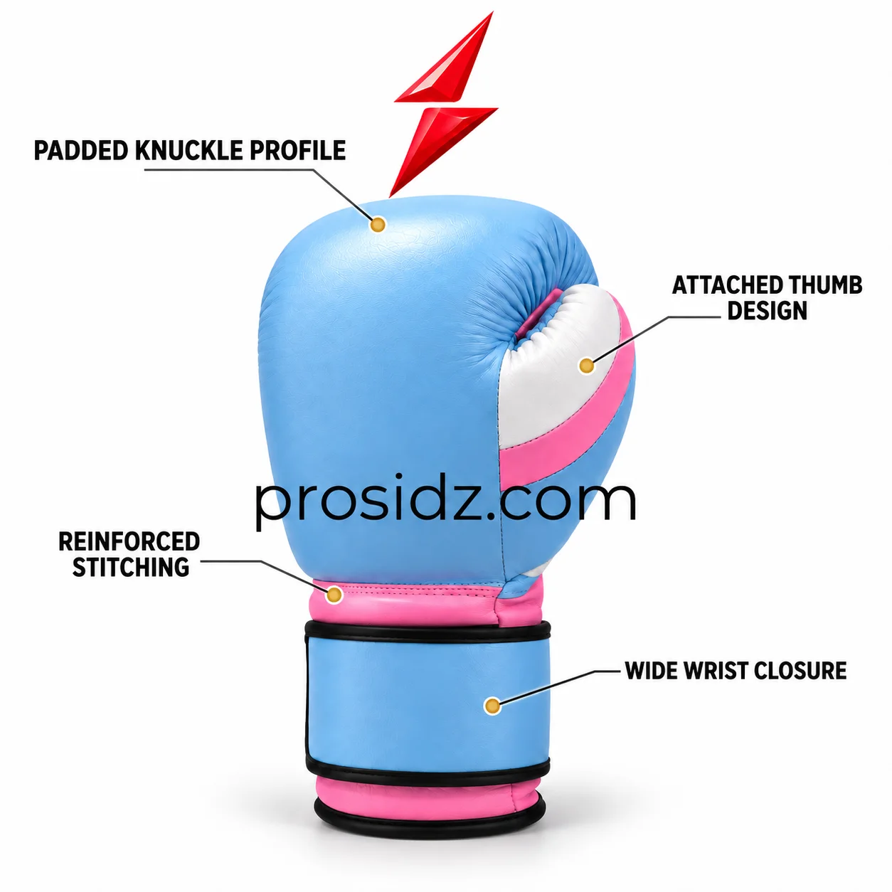 psi-custom-training-boxing-gloves-thumb-prosidz-industries PSI Custom Training Boxing Gloves with attached white thumb and pink trim by Prosidz Industries