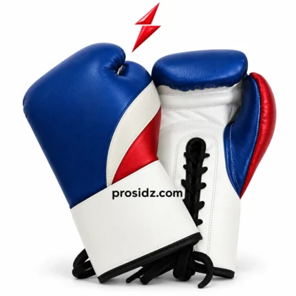 PSI Pro Boxing Gloves in blue, white and red with lace-up closure