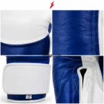 PSI 14 oz Boxing Gloves by prosidz industries in blue and white, showing front and palm views with a red PSI logo above.