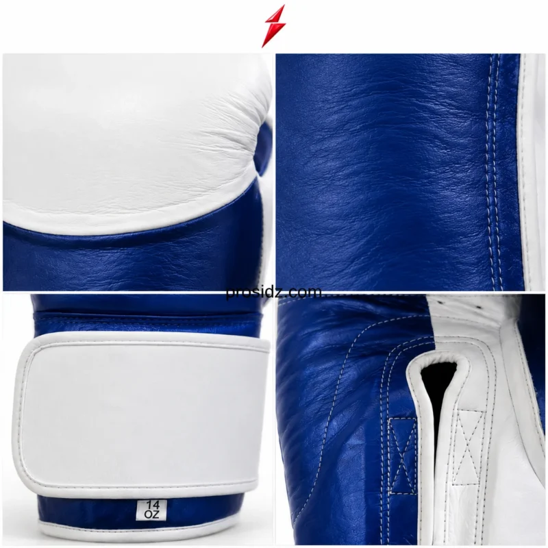 PSI 14 oz Boxing Gloves by prosidz industries in blue and white, showing front and palm views with a red PSI logo above.