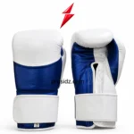 PSI 14 oz Boxing Gloves by prosidz industries in four closeups showing white knuckles, blue surface texture, wrist strap and palm stitching.