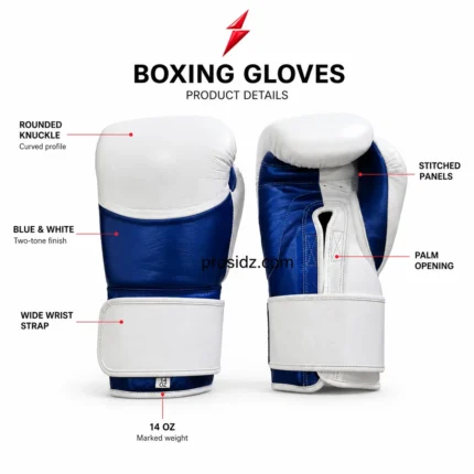Single PSI 14 oz Boxing Gloves product view by prosidz industries showing a white knuckle panel, blue body and white wrist strap.